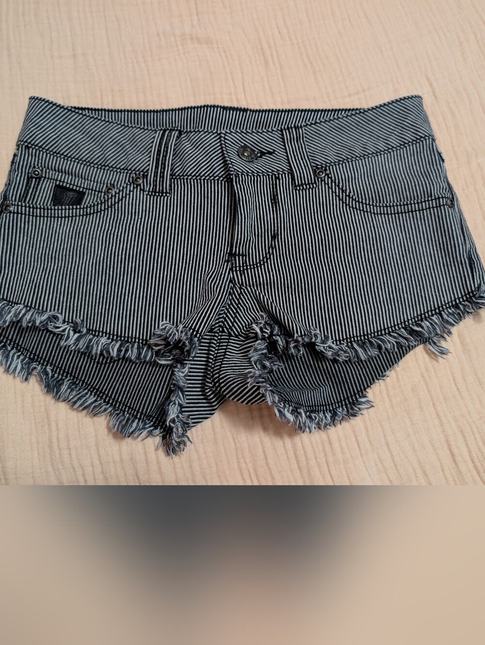 Harley-Davidson Black & White Striped Frayed-Hem Jean Shorts